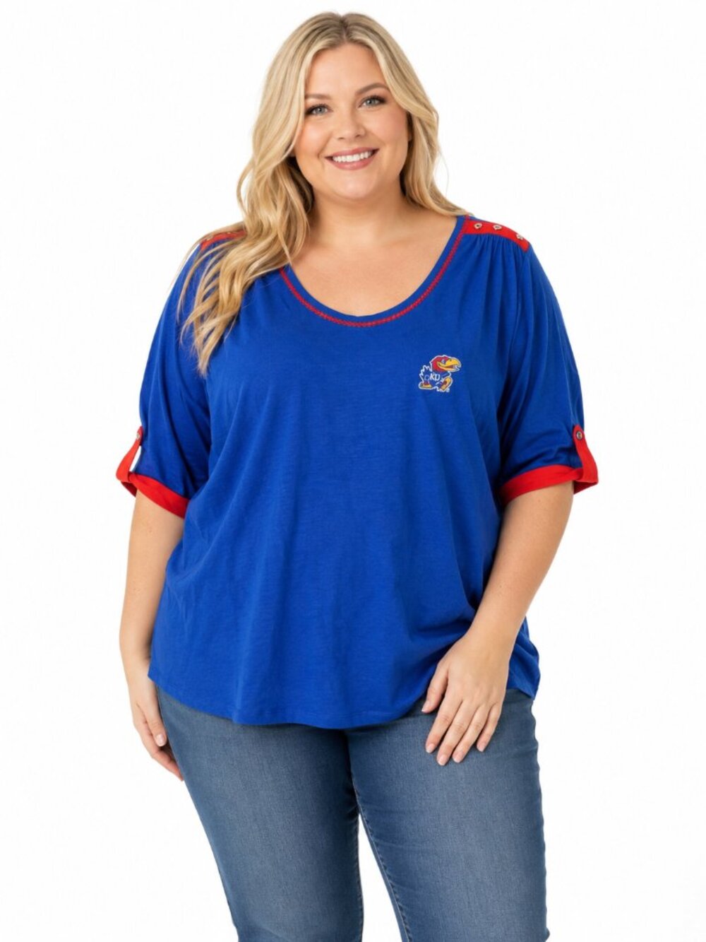 Kansas Jayhawks Womens Top Size 2X Blue Relaxed Fit Shirt Roll Tab Sleeves